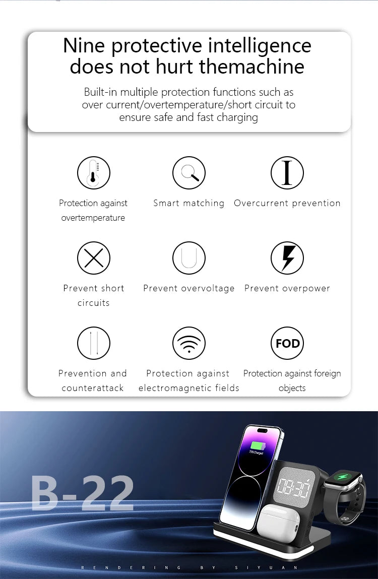 Clock, desktop, mobile phone, headphones, watch, wireless charger, both entertainment and charging not wrong