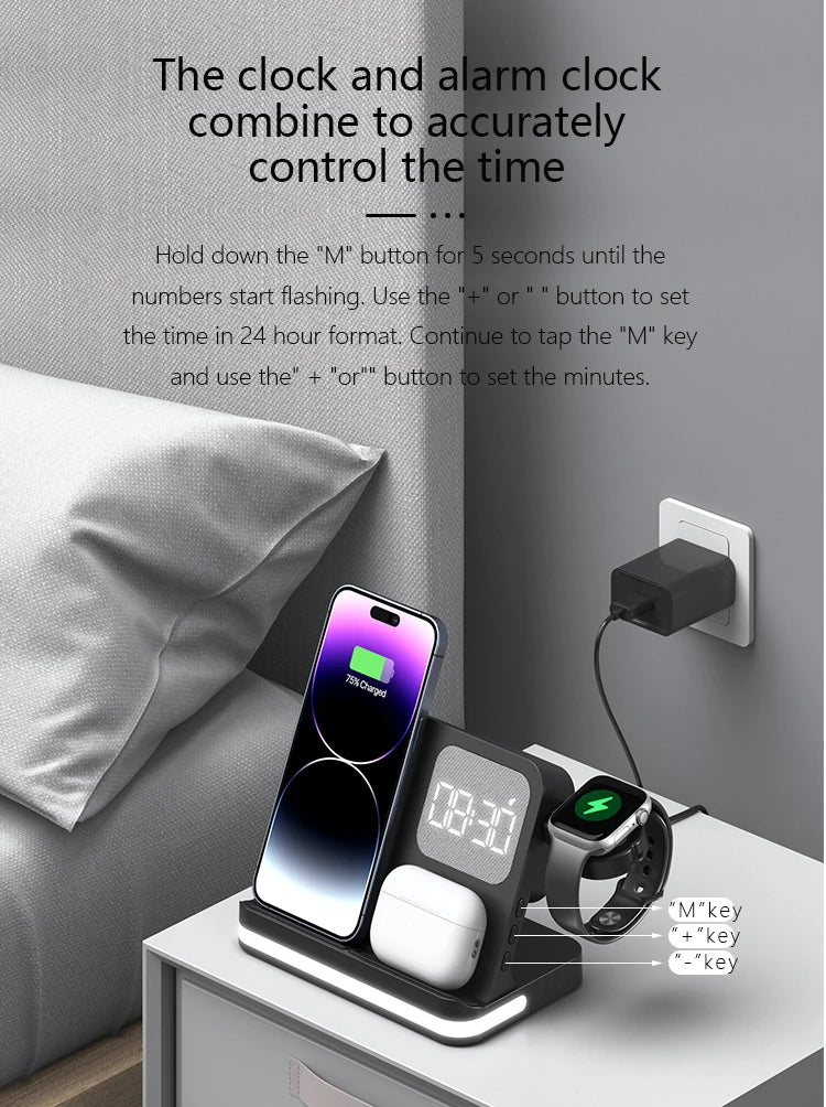 Clock, desktop, mobile phone, headphones, watch, wireless charger, both entertainment and charging not wrong