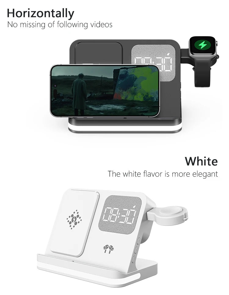 Clock, desktop, mobile phone, headphones, watch, wireless charger, both entertainment and charging not wrong