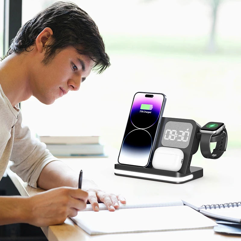 Clock, desktop, mobile phone, headphones, watch, wireless charger, both entertainment and charging not wrong