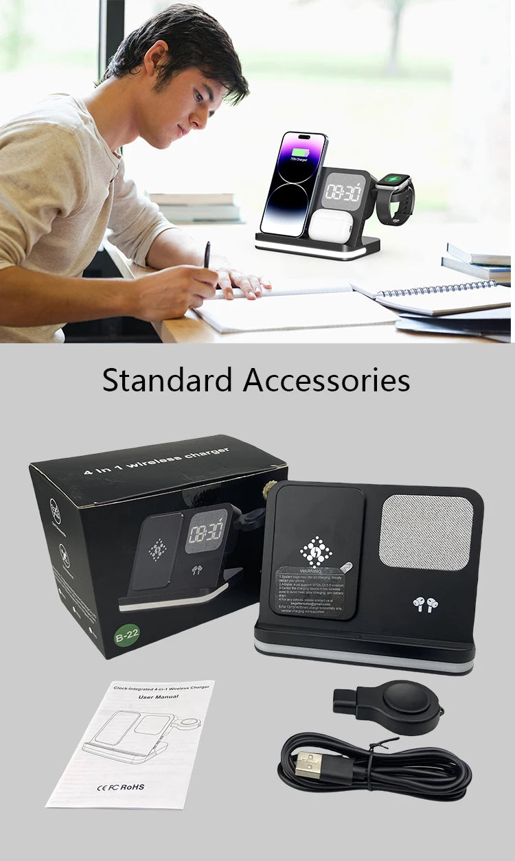 Clock, desktop, mobile phone, headphones, watch, wireless charger, both entertainment and charging not wrong