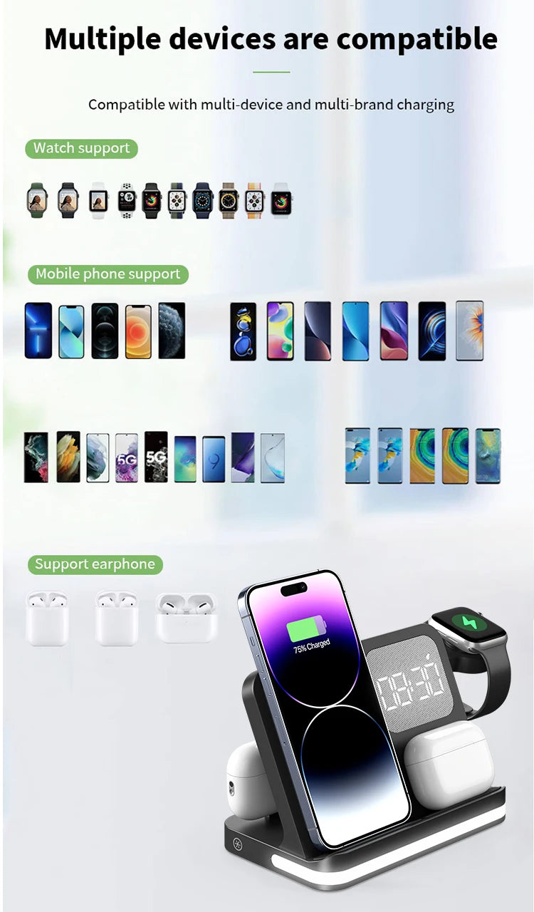Clock, desktop, mobile phone, headphones, watch, wireless charger, both entertainment and charging not wrong
