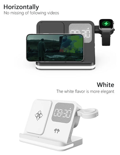 Clock, desktop, mobile phone, headphones, watch, wireless charger, both entertainment and charging not wrong