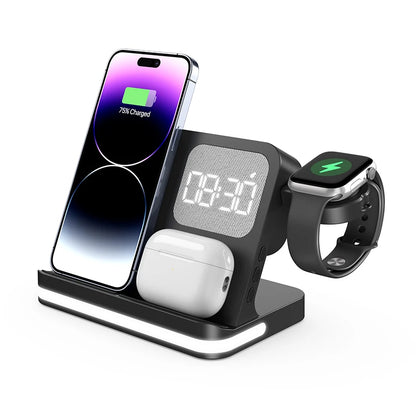 Clock, desktop, mobile phone, headphones, watch, wireless charger, both entertainment and charging not wrong