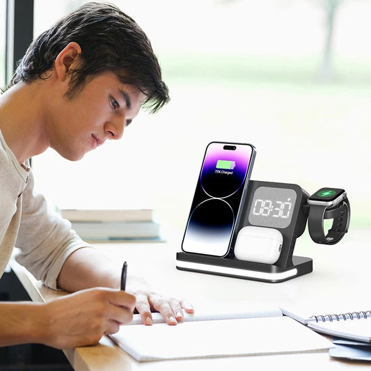 Clock, desktop, mobile phone, headphones, watch, wireless charger, both entertainment and charging not wrong